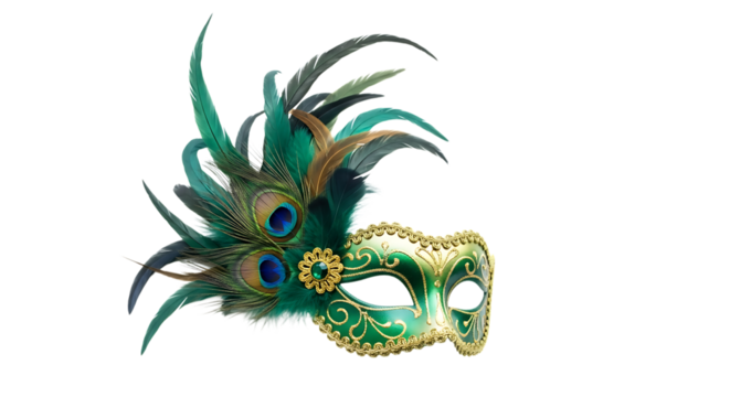 Ornate venetian masquerade mask adorned with peacock feathers and gold embellishments on black background