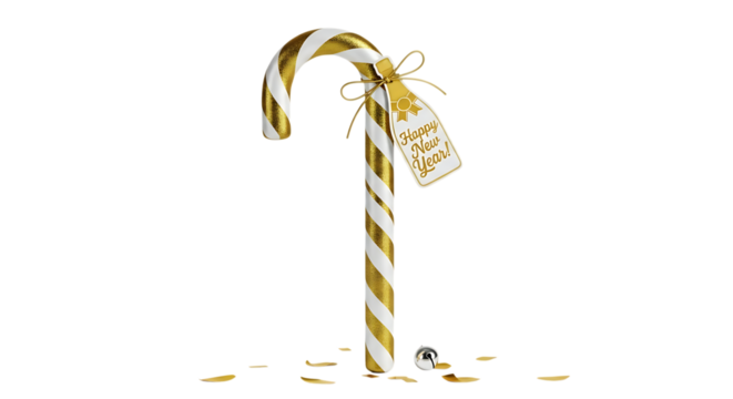 Golden striped candy cane with a festive ribbon and tag on a dark background with scattered glitter