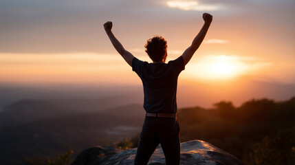 Faceless man with arms up celebrating on mountain top defocused sunset background hiker enjoying freedom freedom sport success mental health concept achievement celebration