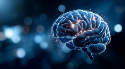 Mental health concept with human brain on blue background faceless neurological visualization slightly defocused psychological wellness cognitive health brain function
