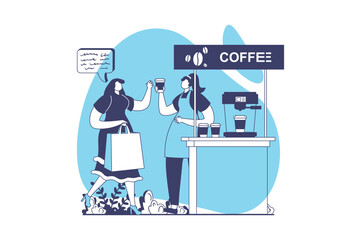 Street shops web concept with flat people for website design. Woman working in stall kiosk and selling take away coffee, customer buying hot drink in cup from local bistro shop. Vector illustration.