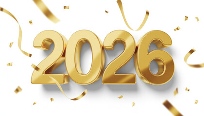Happy New Year 2026 text design. 3d gold font. Inflatable letters with metal effect. Golden bubble typeface. Volumetric inscription 2026 isolated on transparent background