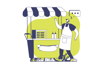 Street shops web concept with flat people for website design. Man working in stall kiosk and selling hot dogs. Small business with trading fast food lunch, hot sausages menu. Vector illustration.