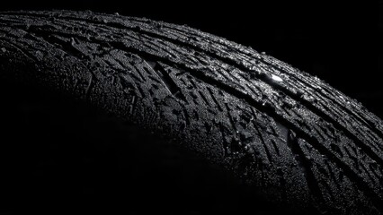 Close up of a textured black surface with water droplets in a dark environment with a slight curve