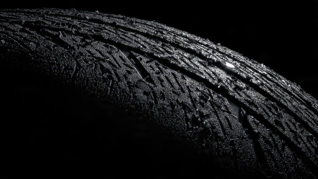 Close up of a textured black surface with water droplets in a dark environment with a slight curve