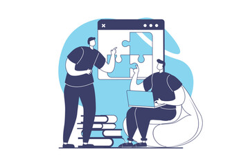 Teamwork web concept with flat people for website design. Woman and man brainstorming and solving puzzle, collaborating and discussing goals, finding solution for challenges. Vector illustration.