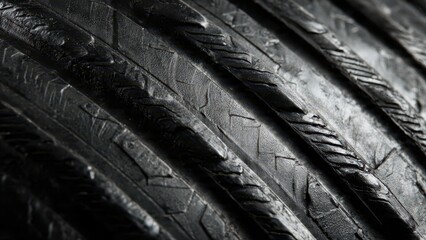 Close up of a dark tire tread pattern showing deep grooves and intricate texture in a diagonal view