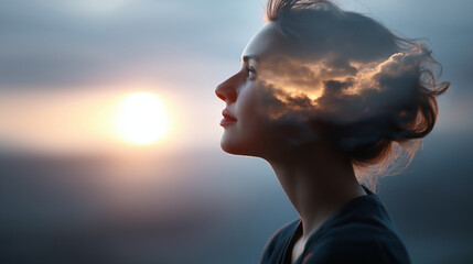 Psychology and woman mental health concept faceless weather dependent visualization defocused multiple exposure clouds and sun female head silhouette atmospheric mood