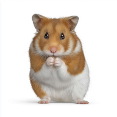 Obraz premium Cute golden hamster eating snack front view