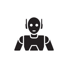 Illustration of a black robot with a smiling face and antenna on a white background in a vector format