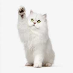 Fluffy white Persian cat raising paw playfully