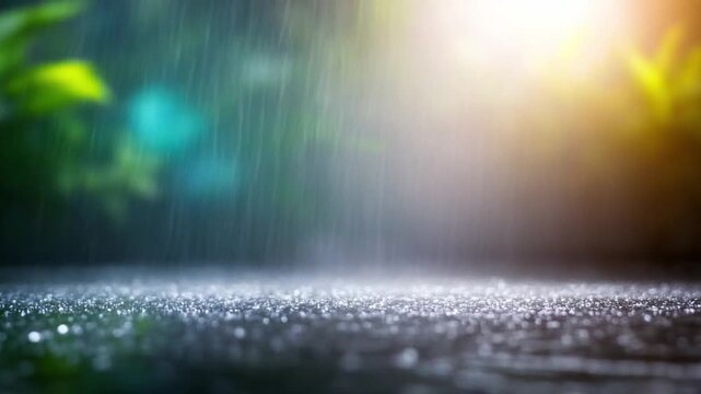 Rain-Kissed Awakening: Close-up of raindrops dancing on the ground, illuminated by a sunlit backdrop, capturing the freshness of nature.