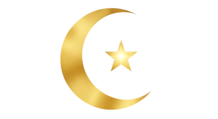 Golden crescent moon and star symbol on a black background representing islam and celestial beauty