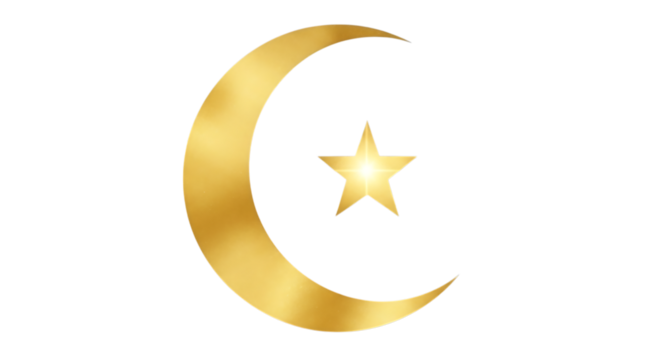 Golden crescent moon and star symbol on a black background representing islam and celestial beauty