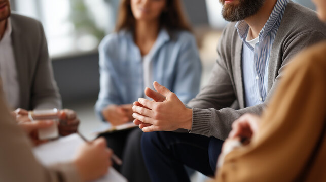 Above view of faceless counseling during group therapy defocused mental health center background therapeutic circle psychological support group counseling collective healing