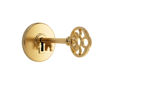 Ornate antique brass skeleton key with decorative circular bow against a stark black background