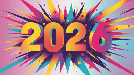 2026 in bold colorful powder explosion design, symbolizing celebration, creativity, and vibrant energy for event promotions, year highlights, and artistic campaigns 