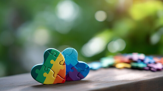 Puzzle jigsaw heart on brain visualization faceless mental health concept defocused autism awareness background world autism day spectrum disorder representation neurological - Powered by Adobe