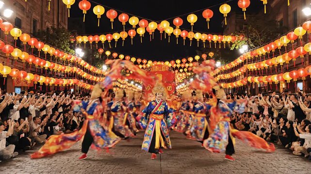 Lion dancers performing in front of a crowd with colorful lanterns at night