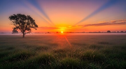 Obraz premium A serene sunrise over a vast open field with a solitary tree and rays of sunlight spreading across the sky, creating a peaceful and picturesque landscape scene