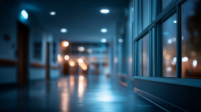 Faceless high quality photo of mental asylum hall defocused dark night background psychiatric facility mental health institution clinical environment healthcare setting with