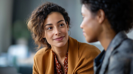 Two faceless women in conversation defocused counseling background focus on listening trust and friendship conveyed mental health support therapy session professional consult