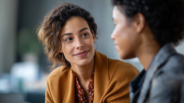 Two faceless women in conversation defocused counseling background focus on listening trust and friendship conveyed mental health support therapy session professional consult - Powered by Adobe