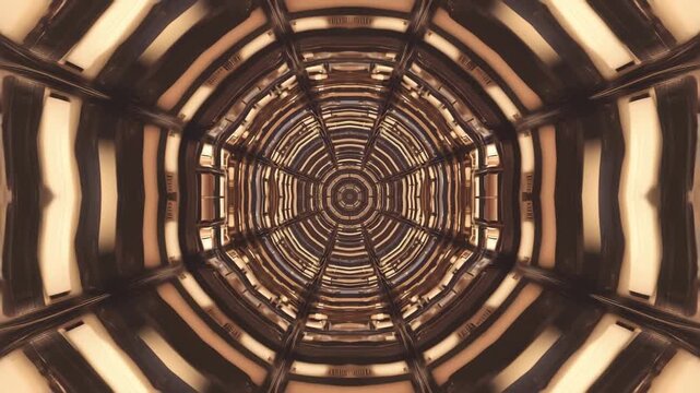 Abstract Mechanical Kaleidoscope Tunnel. Hypnotic flight through a bronze and brown reflective, geometric interior.Seamless loop.
