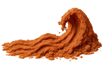 Orange powder creating a dynamic wave form, flowing ground spice or cosmic dust motion on transparent background