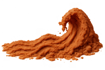 Orange powder creating a dynamic wave form, flowing ground spice or cosmic dust motion on transparent background