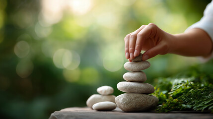 Enjoying life concept with faceless hand setting white stones defocused harmony background positive mind balance balancing body mind soul spirit mental health practice