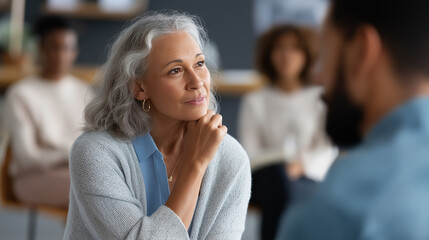Faceless Muslim woman supporting new group therapy attender defocused mental health center background encouraging talk psychological support diverse counseling inclusive