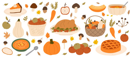Autumn seasonal food. Thanksgiving hand drawn set. Pie, apples, pumpkin, turkey and pumpkin soup. Thanksgiving, autumn and harvest concept. Vector flat illustration.