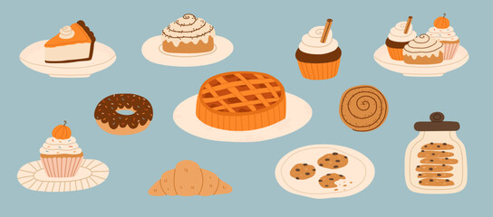Autumn desserts set. Collection of cupcakes, pies, donuts,cinnamon rolls and cookies. Vector flat illustration.