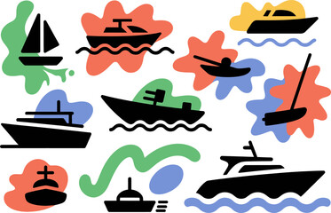 Colorful boats illustration with yacht sailing boat motorboat and sea waves