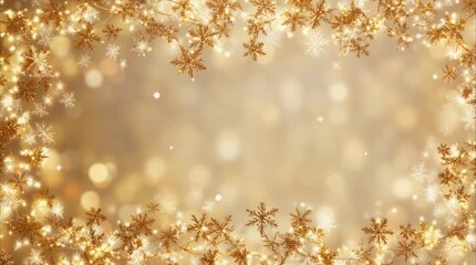 Bright festive golden background with decorative garland lights outlining frame, soft glow, scattered snowflakes and gentle blur, large empty white area in the middle, clean composition, Christmas bg - Powered by Adobe