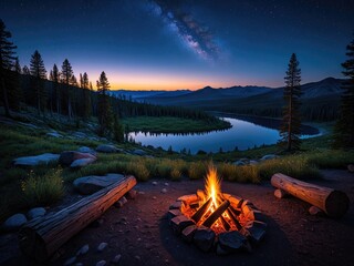 Serene Lakeside Campfire Under the Milky Way - Stunning Night Landscape with Glowing Embers and Mountain Views