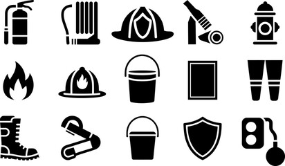 Firefighter and emergency services gear black vector icons set collection