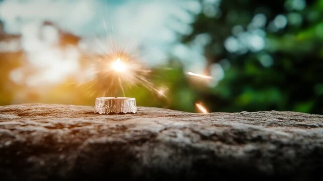 Sparkling Firecracker: A firecracker ignites with a burst of light and energy, its sparks dancing against the backdrop of a natural outdoor setting, embodying a moment of explosive fun.