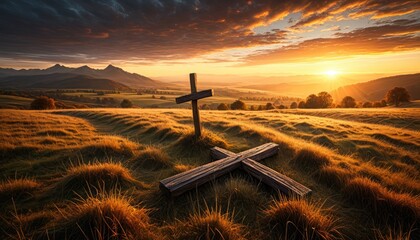 Serene Landscape with Wooden Crosses at Sunset: Faith, Hope, and Spiritual Reflection in Nature's Golden Light