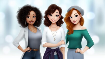 Three friends posing together in a bright, cheerful setting