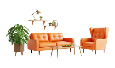 Obraz premium Cozy living room interior with orange sofa, armchair, shelves, monstera plant generative ai illustration