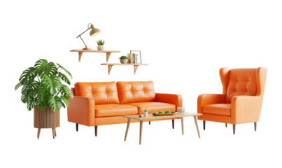 Cozy living room interior with orange sofa, armchair, shelves, monstera plant generative ai illustration