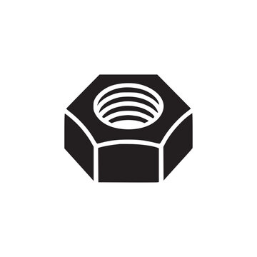 Isolated black and white graphic illustration of a single hex nut on a plain white background