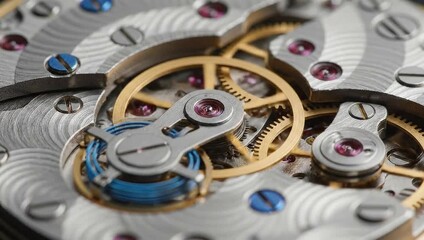 Intricate Timepiece Mechanisms: A close-up reveals the detailed inner workings of a precision timepiece, showcasing the intricate gears and mechanical components of the luxury craftsmanship.