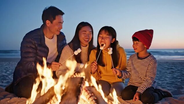 Family Bonfire on the Beach: A family gathers around a bonfire on a tranquil beach at dusk, roasting marshmallows and sharing moments of warmth and togetherness under the starry sky.