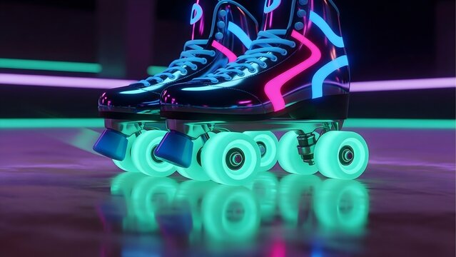 Roller skates with neon lights glowing wheels retro skating party disco roller rink aesthetic trendy