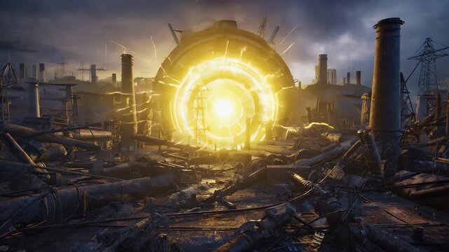 Sci-Fi Energy Portal in a Post-Apocalyptic Wasteland. Glowing yellow vortex in a ruined industrial city.