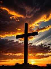 Silhouetted Cross Against Fiery Sunset Sky - Religious Symbolism, Hope, Faith, and Spiritual Reflection in Nature
