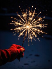 Sparkler Fireworks Celebration: Hand Holding Bright Light in Dark Night Sky - Festive Holiday Moment